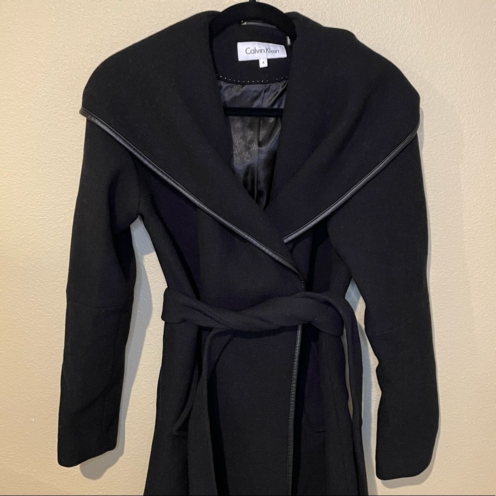 Calvin Klein Belted Black Wrap Coat Size 4